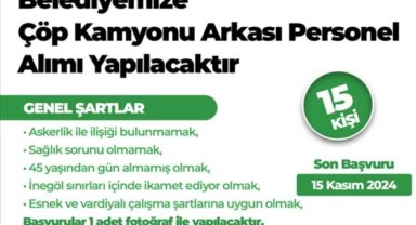 İnegöl Belediyesi temizlik hizmetleri için 15 personel alacak