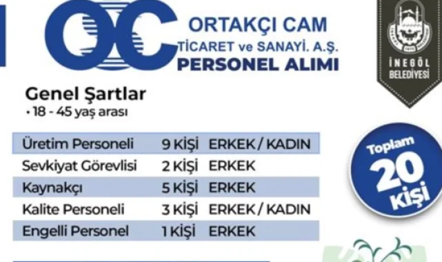 Bursa İnegöl'de Ortakçı Cam 20 Personel Alacak