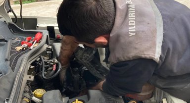 Bursa Yıldırım'da kaputa sıkışan yavru kedi kurtarıldı