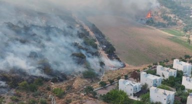 İzmir Dikili'de otluk ve zeytinlik alanda çıkan yangına müdahale sürüyor