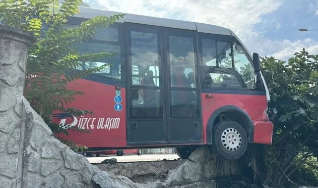 Düzce'de köpeklerden kaçan otobüsü bahçe duvarına çarptı!
